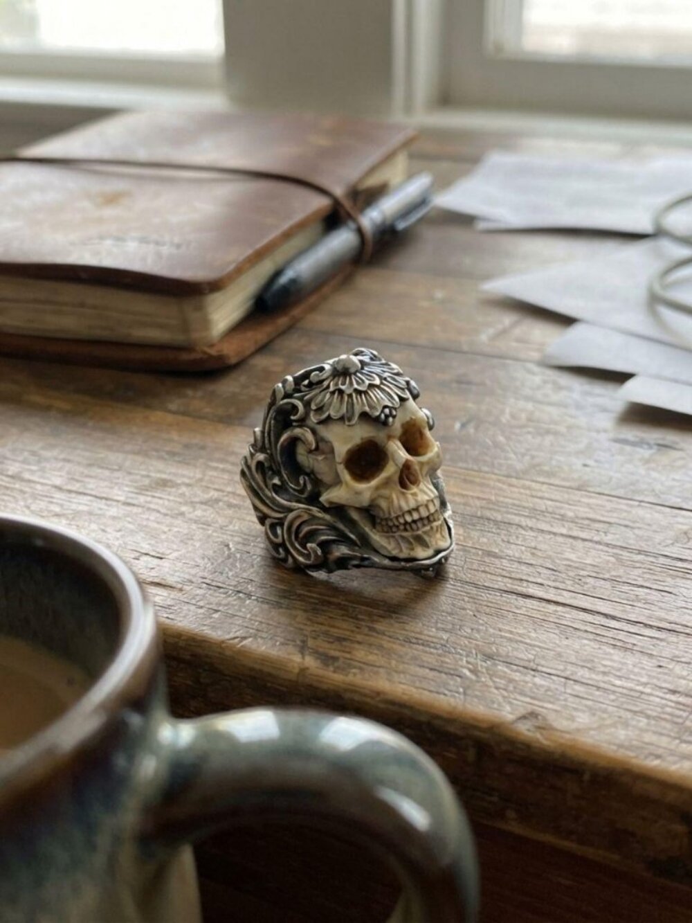 Mens 304 stainless steel gothic skull ring antique silver